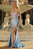Grey Blue SweetheartMermaid Appliqued Corset Beaded Long Prom Dress with Slit