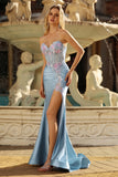 Grey Blue SweetheartMermaid Appliqued Corset Beaded Long Prom Dress with Slit