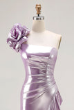 Metallic Lilac One-Shoulder Long Prom Dress with Draped Ruffle Detail