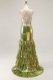 Gold Metallic Tiered Mermaid Tie Back Long Prom Dress With Slit
