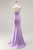 Strapless Purple Mermaid Corset Pleated Long Prom Dress With Slit