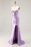 Strapless Purple Mermaid Corset Pleated Long Prom Dress With Slit