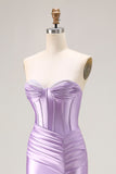 Strapless Purple Mermaid Corset Pleated Long Prom Dress With Slit