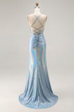 Light Blue Metallic Ruched Mermaid Lace Up Back Long Prom Dress With Slit