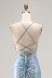 Light Blue Metallic Ruched Mermaid Lace Up Back Long Prom Dress With Slit