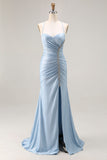 Light Blue Ruched Mermaid Lace Up Back Long Prom Dress With Slit