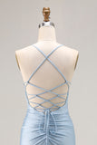 Light Blue Ruched Mermaid Lace Up Back Long Prom Dress With Slit