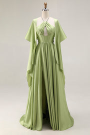 Sage Green A Line Satin Corset Keyhole Long Prom Dress with Cap Sleeves