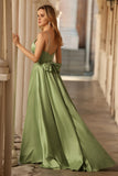 Sage Green A Line Corset Keyhole Satin Long Prom Dress with Cap Sleeves