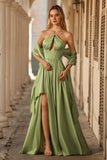 Sage Green A Line Corset Keyhole Satin Long Prom Dress with Cap Sleeves