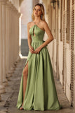 Sage Green A Line Satin Corset Keyhole Long Prom Dress with Cap Sleeves