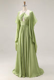Sage Green A Line Satin Corset Keyhole Long Evenning Dress with Cap Sleeves