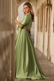 Sage Green A Line Corset Keyhole Satin Long Prom Dress with Cap Sleeves