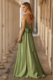 Sage Green A Line Corset Keyhole Satin Long Prom Dress with Cap Sleeves