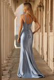 Grey Blue Beaded Mermaid Corset Pleated Long Prom Dress with Slit