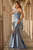 Grey Blue Beaded Mermaid Corset Pleated Long Prom Dress with Slit