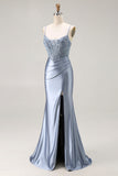 Grey Blue Mermaid Corset Beaded Pleated Long Prom Dress with Slit