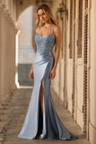 Grey Blue Beaded Mermaid Corset Pleated Long Prom Dress with Slit