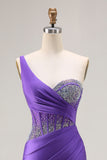 Dark Purple Mermaid One Shoulder Corset Long Prom Dress With Beading