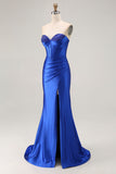 Royal Blue Strapless Beaded Corset Mermaid Pleated Long Prom Dress with Slit