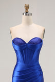 Royal Blue Strapless Beaded Corset Mermaid Pleated Long Prom Dress with Slit