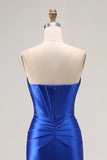 Royal Blue Strapless Beaded Corset Mermaid Pleated Long Prom Dress with Slit