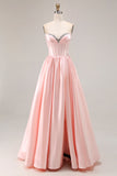 Pink A Line Sweetheart Satin Corset Long Prom Dress with Beading