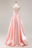 Pink A Line Sweetheart Satin Corset Long Prom Dress with Beading