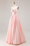 Pink A Line Sweetheart Satin Corset Long Prom Dress with Beading