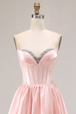 Pink A Line Sweetheart Satin Corset Long Prom Dress with Beading