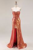 Metallic Orange Mermaid Beaded Ruched Long Prom Dress with Slit