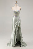 Dusty Sage Sweetheart Applique Corset Mermaid Sequin Long Prom Dress with Ruffle Slit