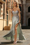 Dusty Sage Sweetheart Sequin Applique Corset Mermaid Long Prom Dress with Ruffle Slit