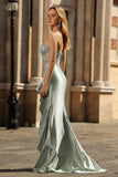 Dusty Sage Sweetheart Sequin Applique Corset Mermaid Long Prom Dress with Ruffle Slit