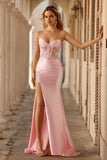 Strapless Pink Mermaid Corset Appliqued Sequin Long Prom Dress With Slit