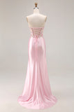 Pink Strapless Mermaid Corset Appliqued Sequin Long Prom Dress With Slit