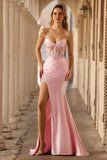 Strapless Pink Mermaid Corset Appliqued Sequin Long Prom Dress With Slit