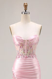 Pink Strapless Mermaid Corset Appliqued Sequin Long Prom Dress With Slit