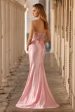 Strapless Pink Mermaid Corset Appliqued Sequin Long Prom Dress With Slit