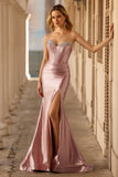 Dusty Rose Strapless Beaded Mermaid Corset Satin Long Prom Dress with Slit