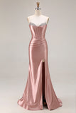 Dusty Rose Mermaid Strapless Beaded Corset Satin Long Prom Dress with Slit