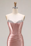 Dusty Rose Mermaid Strapless Beaded Corset Satin Long Prom Dress with Slit