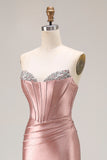 Dusty Rose Mermaid Strapless Beaded Corset Satin Long Prom Dress with Slit