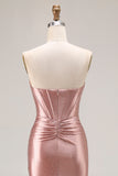 Dusty Rose Mermaid Strapless Beaded Corset Satin Long Prom Dress with Slit