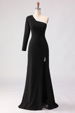 Black One Shoulder Mermaid Satin Mother Of The Bride Dress with Slit