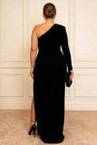 Black One Shoulder Sheath Satin Plus Size Mother Of The Bride Dress with Slit
