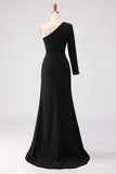 Black One Shoulder Mermaid Satin Mother Of The Bride Dress with Slit