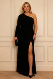 Black One Shoulder Sheath Satin Plus Size Mother Of The Bride Dress with Slit