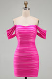 Fuchsia Off the Shoulder Ruched Strapless Bodycon Short Homecoming Dress
