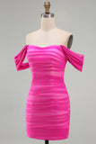 Fuchsia Off the Shoulder Ruched Strapless Bodycon Short Homecoming Dress